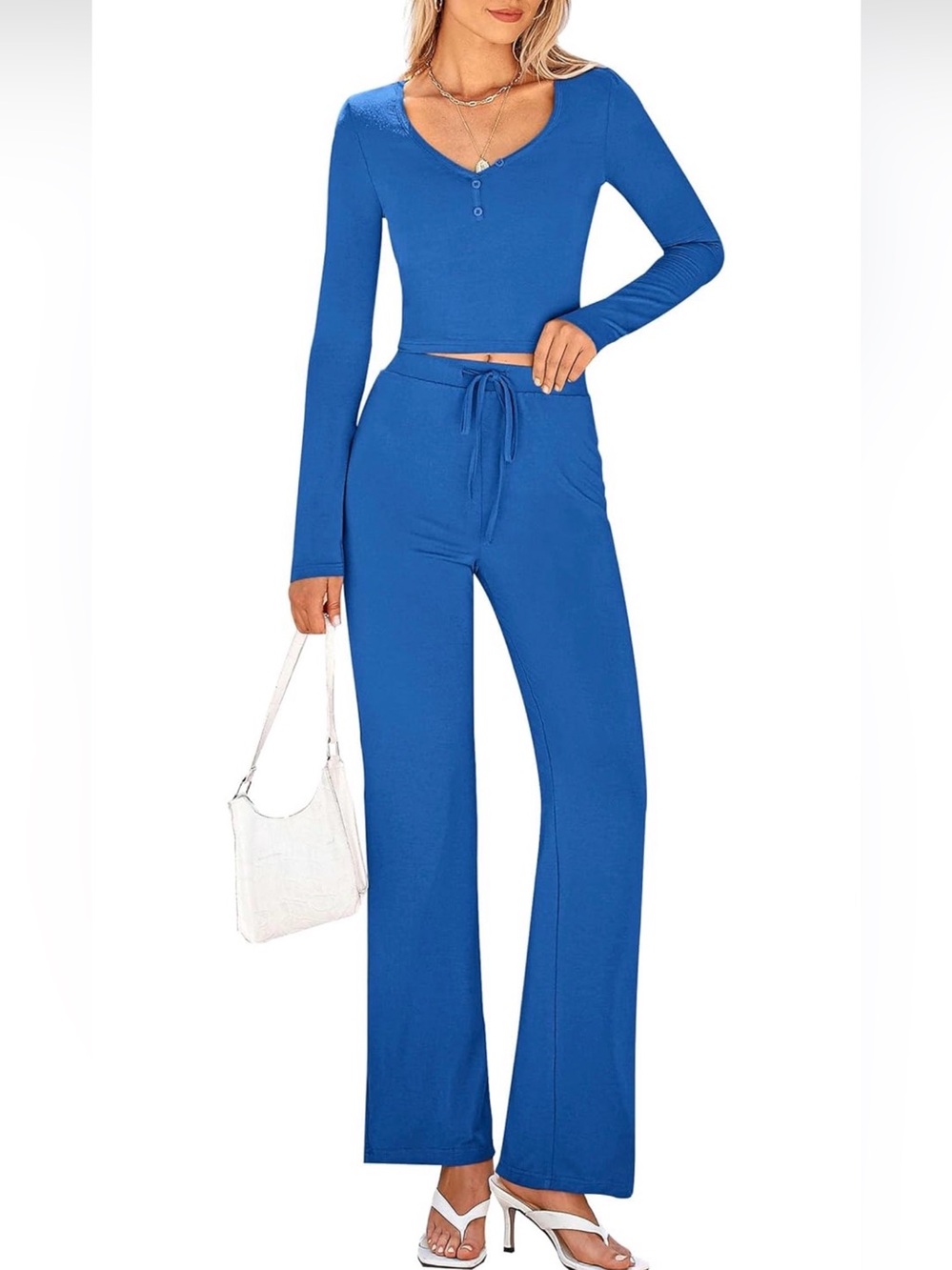 PrettyGarden Women's Wide-Leg Pants & Long Sleeve Shirt Set - Blue